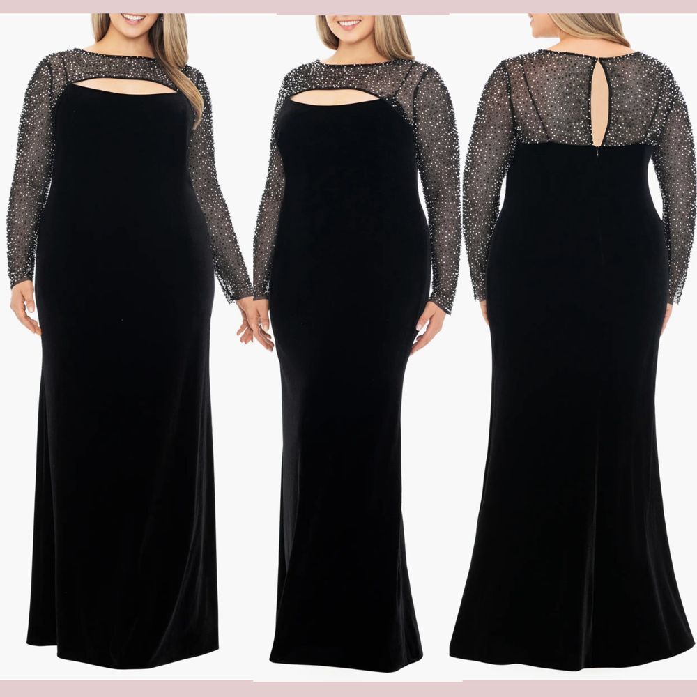 NWD Betsy & Adam [ 16W ] Faraj Embellished Cutout Long Sleeve Velvet Gown‎ Black